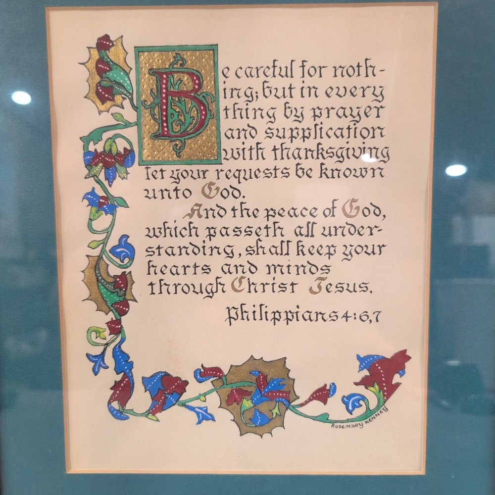Rosemary Kenney Philippians 4:6,7 Calligraphy Art Framed Illuminated Scripture - Picture 2 of 5